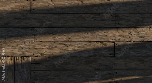 Wooden planks arranged horizontally textured surface with light and shadow play