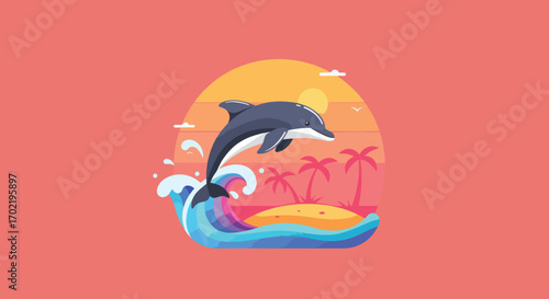 Playful Dolphin Leaping Through Vibrant Ocean Waves at Sunset