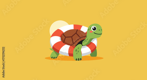 Adorable cartoon turtle wearing a life preserver, ready for fun.