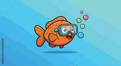 Adorable cartoon goldfish wearing diving goggles and exhaling bubbles