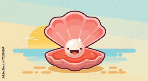 Adorable Cartoon Pearl in a Pink Seashell with a Happy Face