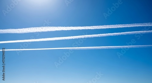 Three Parallel Airplane Contrails in a Clear Blue Sky.