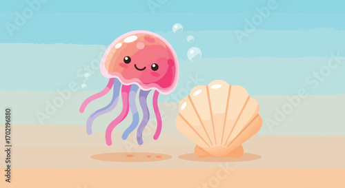 Adorable cartoon pink jellyfish with colorful tentacles and a seashell