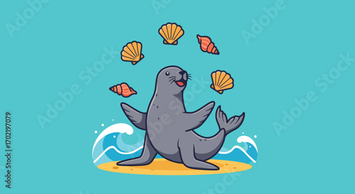 Playful Cartoon Seal Juggling Seashells on a Sandy Beach