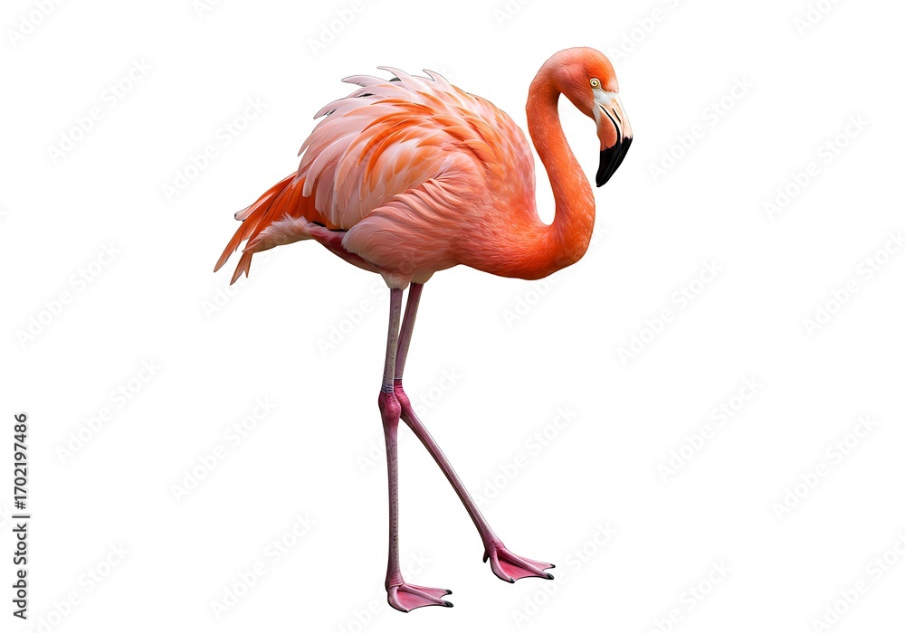 Fototapeta premium Vibrant pink flamingo stands elegantly on long legs against a clean white background