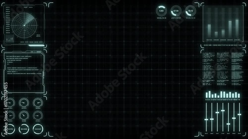 Cyberpunk digital heads-up display with futuristic data on a screen. High-tech technology interface for video backgrounds and graphic design. A modern motion graphic showing advanced science fiction t