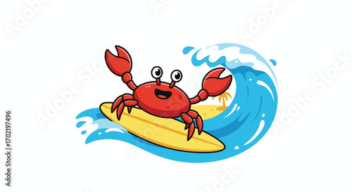 Cheerful red crab surfing on a yellow surfboard on a blue wave