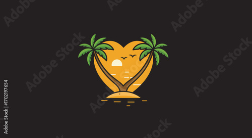 Heart-shaped island with palm trees and sunset scene