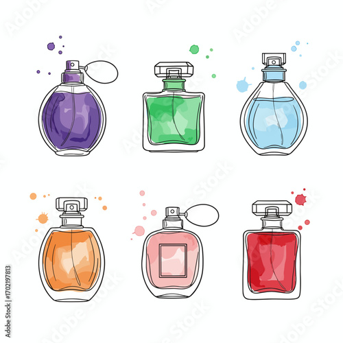 Collection of perfume bottles – line doodle drawing with watercolor fill, minimalistic vector illustration on white background