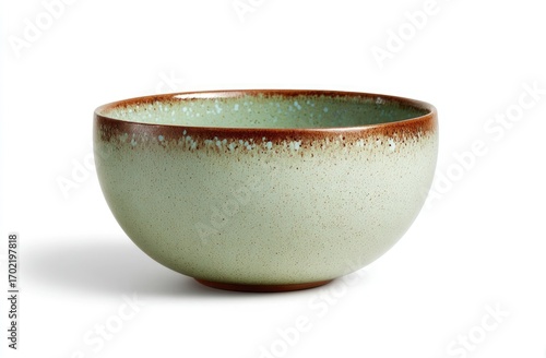 A wide, shallow, pale-green ceramic bowl with a speckled texture and a dark-brown rim, sitting on a white background, casting a subtle shadow