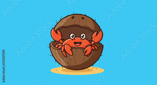 Adorable cartoon crab peeking out from a cracked coconut shell