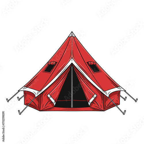 A vibrant red canvas tent with white trim, featuring an open entrance and two windows, set up for outdoor adventure.