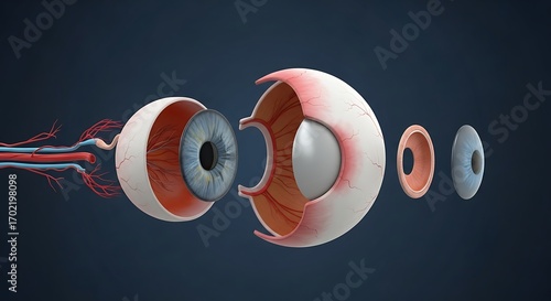 Exploded View of Human Eye Anatomy for Educational Purposes.