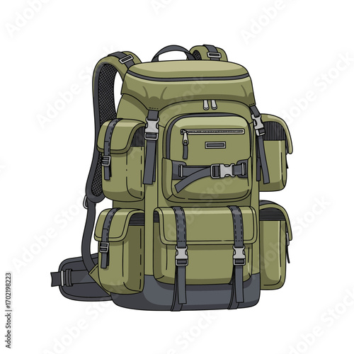 Olive green multi-pocket backpack with adjustable straps, detailed illustration.