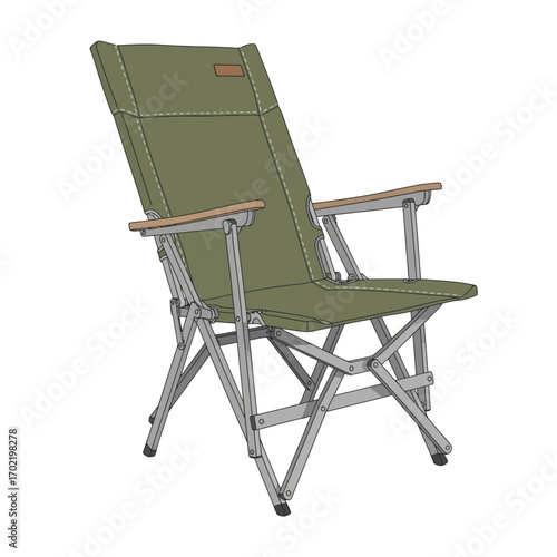 An olive green high-back folding camping chair with wooden armrests and an aluminum frame, shown on a white background.