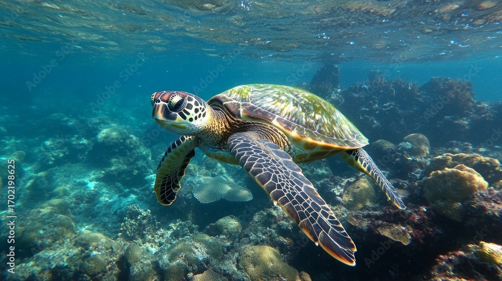 Obraz premium A sea turtle swims above a coral reef, the underwater world and ocean ecosystem for articles about marine life.