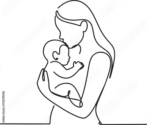 One line art drawing of mother holding baby minimal continuous line vector silhouette illustration