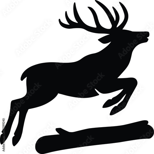 Minimal vector silhouette, stag leaping over low log, legs tucked, antlers swept back, side view, solid black