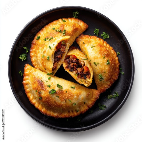 Four golden-brown empanadas, split open to reveal savory meat and vegetable filling, arranged on a dark plate, garnished with parsley, against a white background