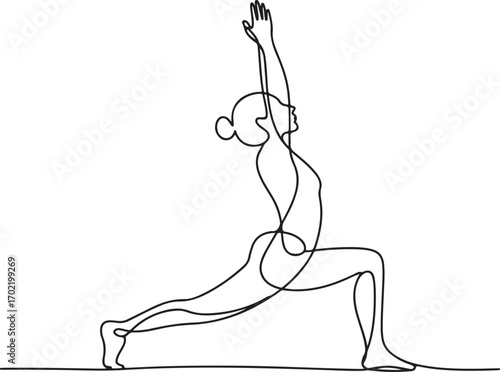 One line art drawing of yoga warrior pose abstract minimal silhouette vector illustration