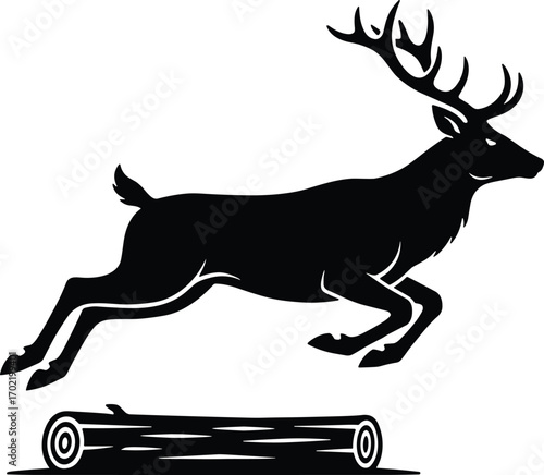 Minimal vector silhouette, stag leaping over low log, legs tucked, antlers swept back, side view, solid black