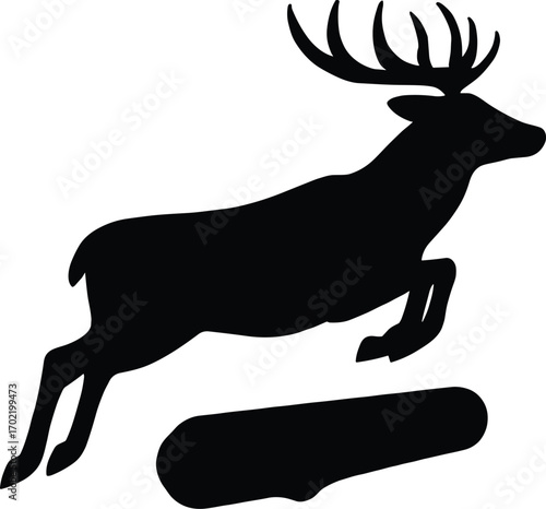 Minimal vector silhouette, stag leaping over low log, legs tucked, antlers swept back, side view, solid black