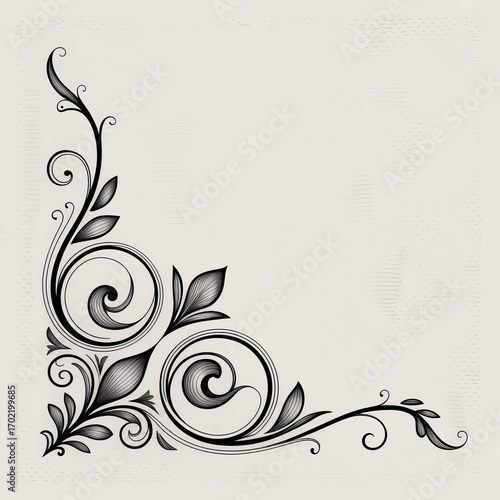 Intricate black ornamental corner design, elegant floral and leaf patterns with swirling curves, vector illustration, symmetrical, decorative frame element, minimal yet detailed line art.