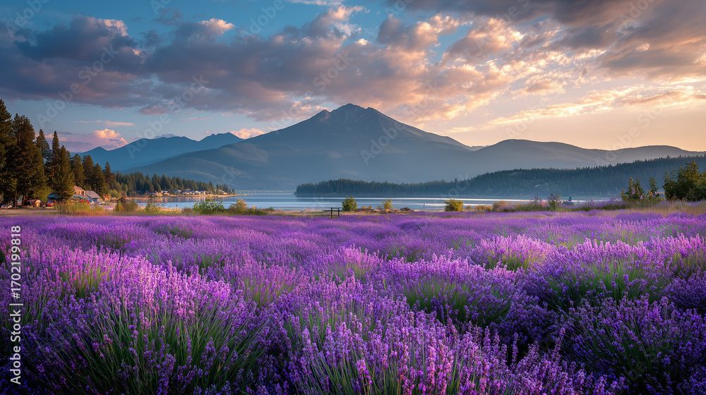Fototapeta premium Serene Lavender Field at Sunset with Lake and Mountain View
