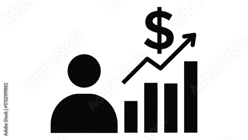 Person connected to dollar sign and bar graph isolated on white background flat icon