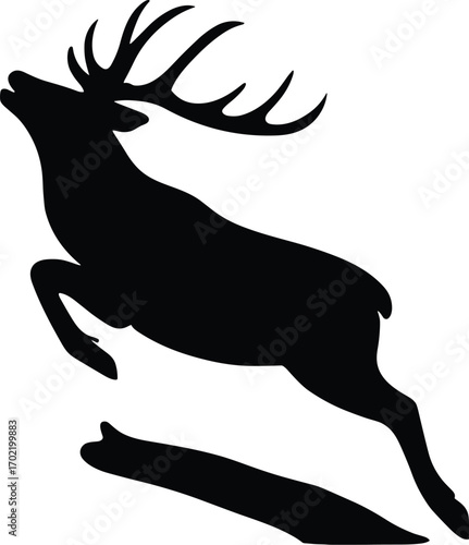 Minimal vector silhouette, stag leaping over low log, legs tucked, antlers swept back, side view, solid black