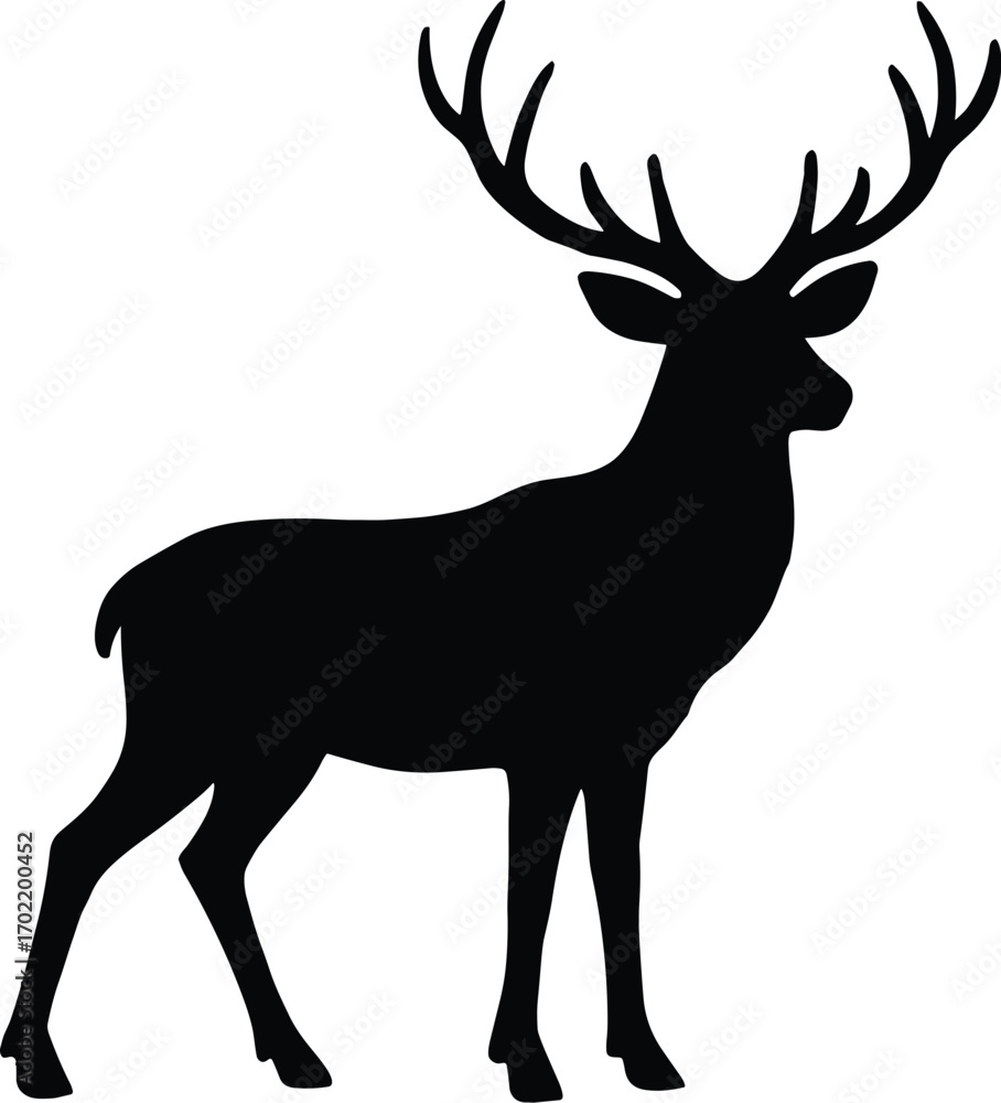 Fototapeta premium Minimal vector silhouette, standing stag alert, large branched antlers, side view, solid black