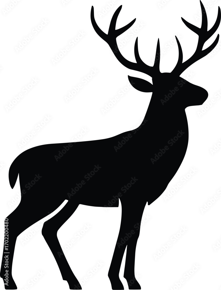 Obraz premium Minimal vector silhouette, standing stag alert, large branched antlers, side view, solid black