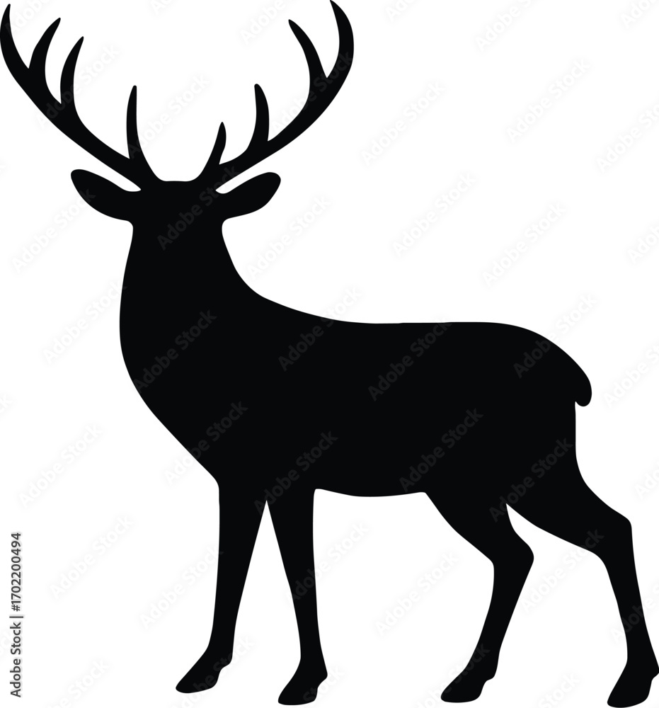 Obraz premium Minimal vector silhouette, standing stag alert, large branched antlers, side view, solid black
