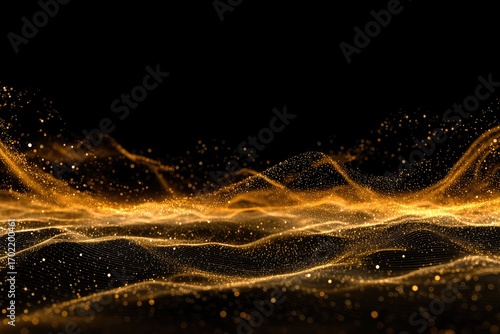 Abstract golden waves with sparkling particles on black background.