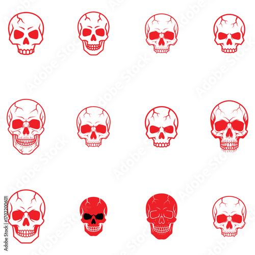 Collection of stylized red and white human skull illustrations on a white background