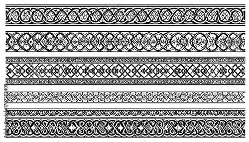 Ornate black and white decorative borders in a variety of intricate patterns.