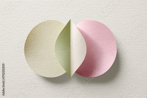 Minimalistic paper collage two balanced abstract shapes pastel color geometric textured surface modern art creative symmetry soft shadow calm mood