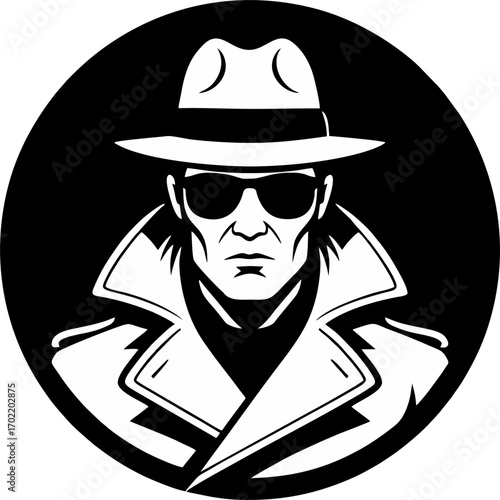 Noir Detective Silhouette in Fedora and Trench Coat – Mysterious Private Investigator Icon Vector Illustration