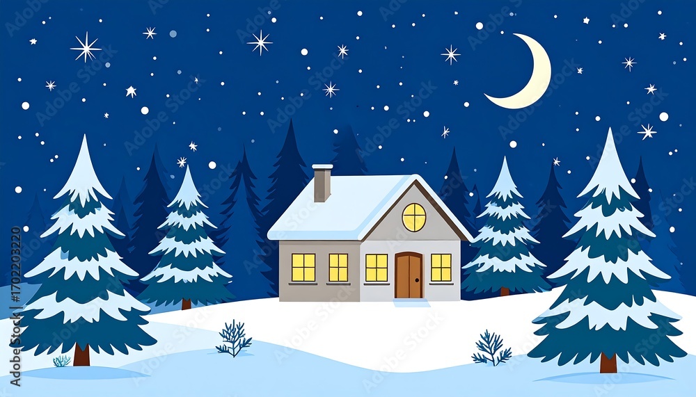 Naklejka premium Enchanting winter night scene with snow-covered house and forest trees