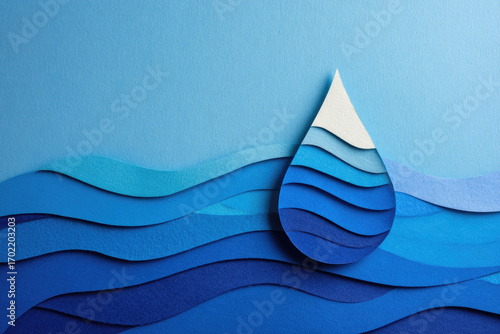 Fototapeta Naklejka Na Ścianę i Meble -  Layered blue paper cut water droplet with abstract wave pattern, creative design, textured background, modern art, calm and peaceful mood