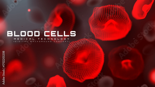 Red Blood Cells in Capillary on Dark Background. Futuristic Medical Technology Hematology Design Concept. Vector Illustration.