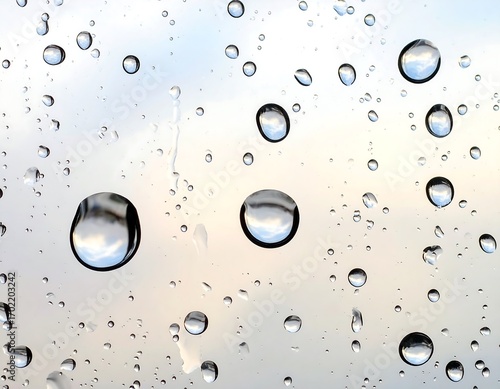 A close-up view of water droplets on glass, reflecting a soft, pale sky.