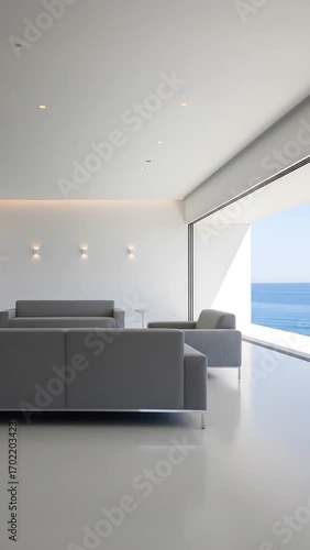 Minimalist interior gray sofas, white walls, open to ocean view. Sleek, modern design with clean lines and natural light