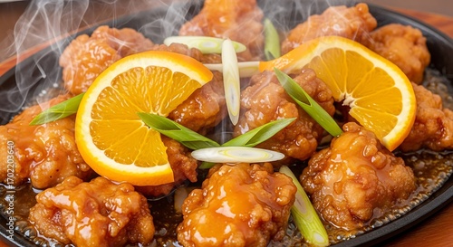 Crispy orange chicken pieces, glistening with a sweet and savory sauce, are garnished with fresh orange slices and scallions, steaming hot on a dark skillet.