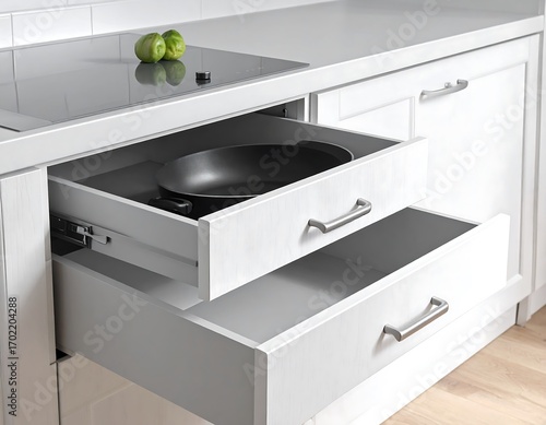 A close-up view of modern, light gray kitchen drawers with a sleek, minimalist design, showcasing smooth surfaces and contemporary handles.