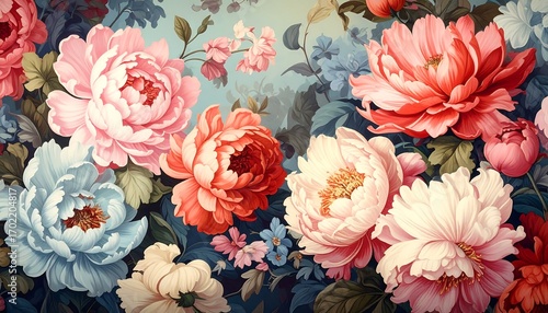 A vibrant floral design showcases a profusion of peonies in various shades of pink, red, and blue, set against a backdrop of deep greens and blues, creating a rich and detailed floral arrangement.