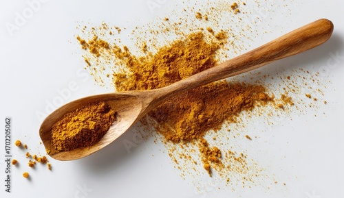 Wooden spoon filled with turmeric powder, scattered on white background (10)