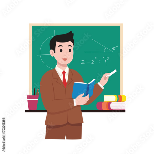 Cartoon Vector Illustration of Male Teacher Explaining Lesson in Classroom with Blackboard, Book, and Educational Elements for School and Learning Design