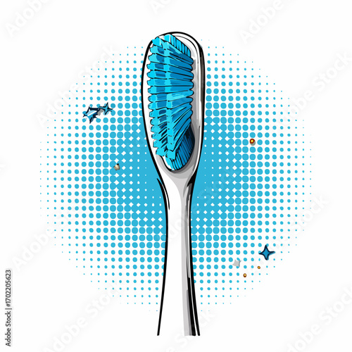 PNG einer weißen Zahnbürste mit blauen Borsten, freigestellt, modern.