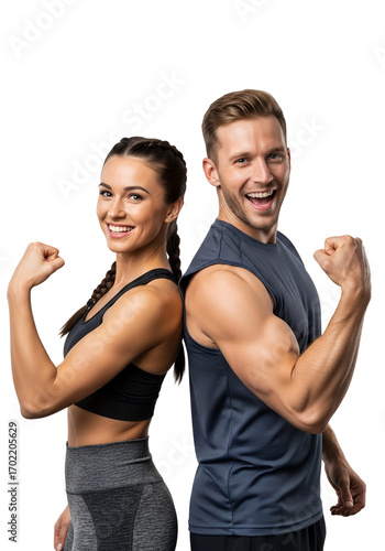 Healthy athletic couple showing off biceps and muscles. Fitness lifestyle, strong and happy woman and man in workout clothes posing with flexed arms, isolated on a transparent background